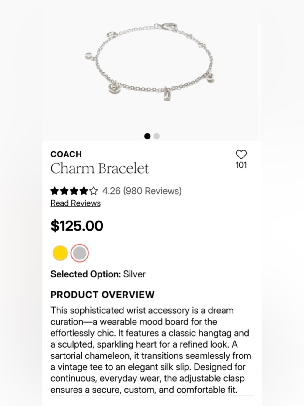 Coach Silver Charm Bracelet with Heart and Tag Charms
